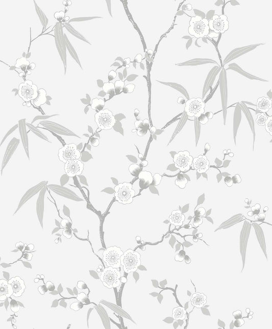 EW11108 Seabrook Designs White Heron Wallpaper Floral Blossom Trail Soft Grey