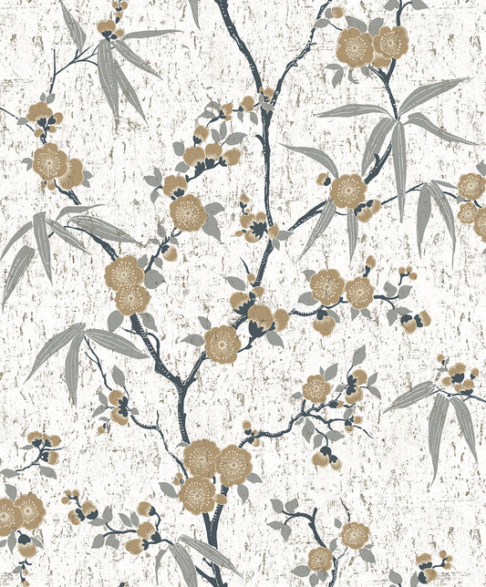 EW11905 Seabrook Designs White Heron Wallpaper Blossom Cork Gold Chip
