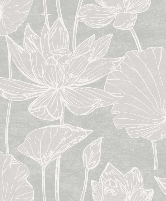 EW12000 Seabrook Designs White Heron Wallpaper Water Lilies Shadow