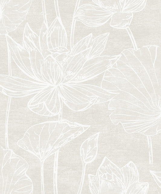 EW12007 Seabrook Designs White Heron Wallpaper Water Lilies Antique Pearl