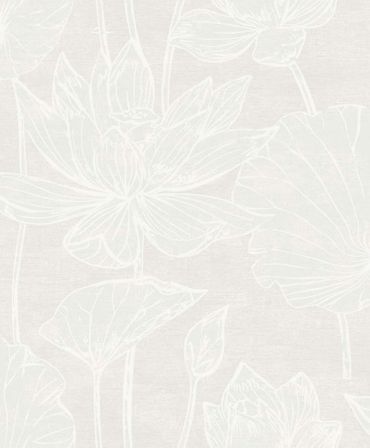 EW12015 Seabrook Designs White Heron Wallpaper Water Lilies White Pearl