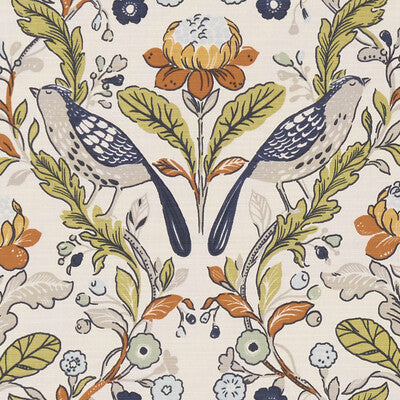 F1316/01-CAC ORCHARD BIRDS BIRDS DENIM/SPICE CLARKE AND CLARKE Fabrics Drapery Upholstery