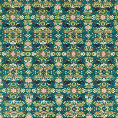 F1592/02-CAC WONDERLUST TEA STORY TEAL VELVET CLARKE AND CLARKE Fabrics Drapery Upholstery