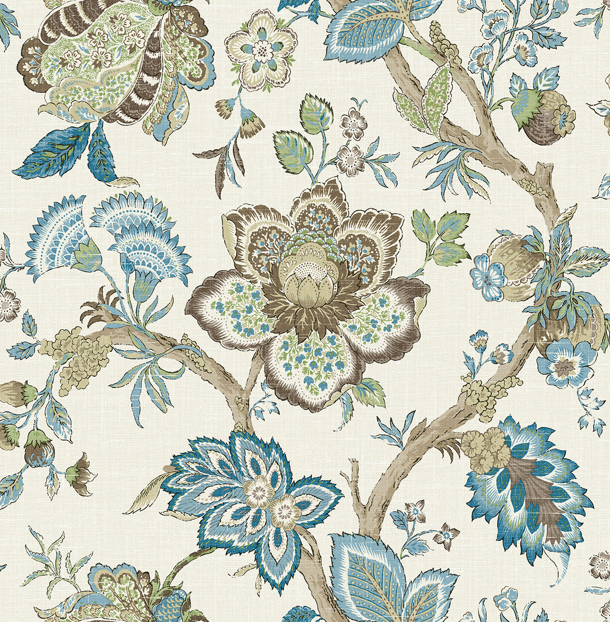 FC60406 Seabrook Designs French Country Wallpaper Bernadette Jacobean Hickory Smoke & Blue Bell