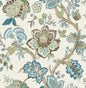 FC60406 Seabrook Designs French Country Wallpaper Bernadette Jacobean Hickory Smoke & Blue Bell