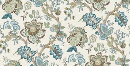 FC62606F Seabrook Designs French Country Fabric Bernadette Linen Fabric Hickory Smoke & Blue Bell