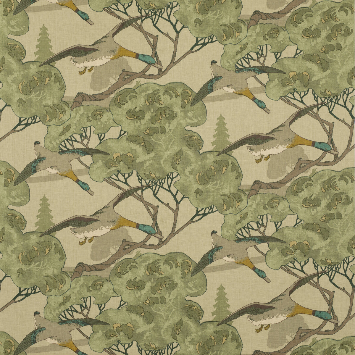 FD205-S16 FLYING DUCKS EMERALD MULBERRY Fabrics Drapery Upholstery
