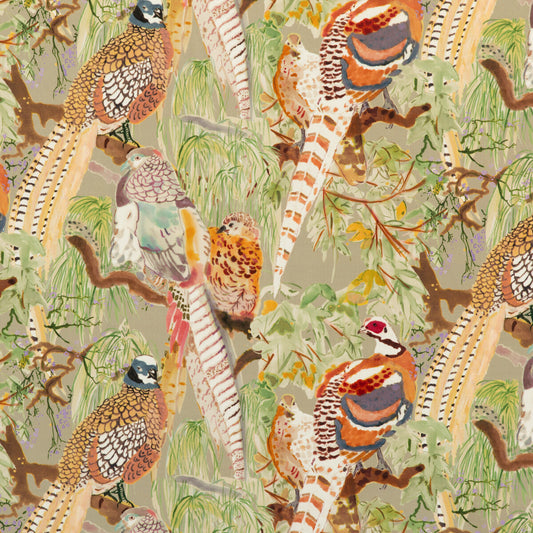 FD268-K102 GAME BIRDS VELVET STONE/MULTI MULBERRY Fabrics Drapery Upholstery