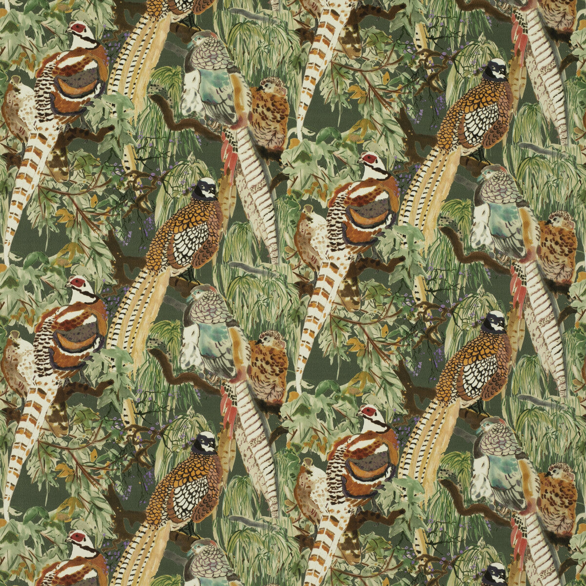 FD268-R102 GAME BIRDS VELVET FOREST MULBERRY Fabrics Drapery Upholstery