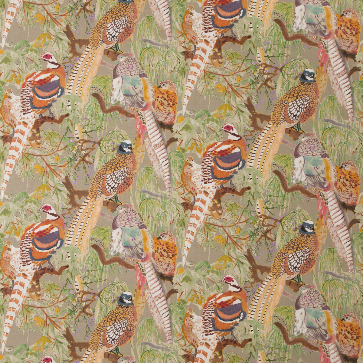 FD269-K102 GAME BIRDS LINEN STONE/MULTI MULBERRY Fabrics Drapery Upholstery