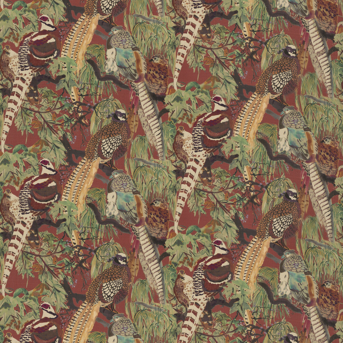 FD269-V54 GAME BIRDS LINEN RED/PLUM MULBERRY Fabrics Drapery Upholstery
