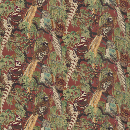 FD269-V54 GAME BIRDS LINEN RED/PLUM MULBERRY Fabrics Drapery Upholstery