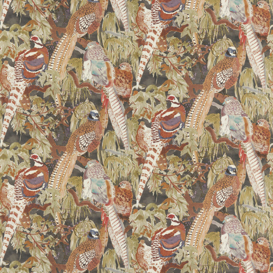 FD305-A101 GAME BIRDS LINEN CHARCOAL MULBERRY Fabrics Drapery Upholstery