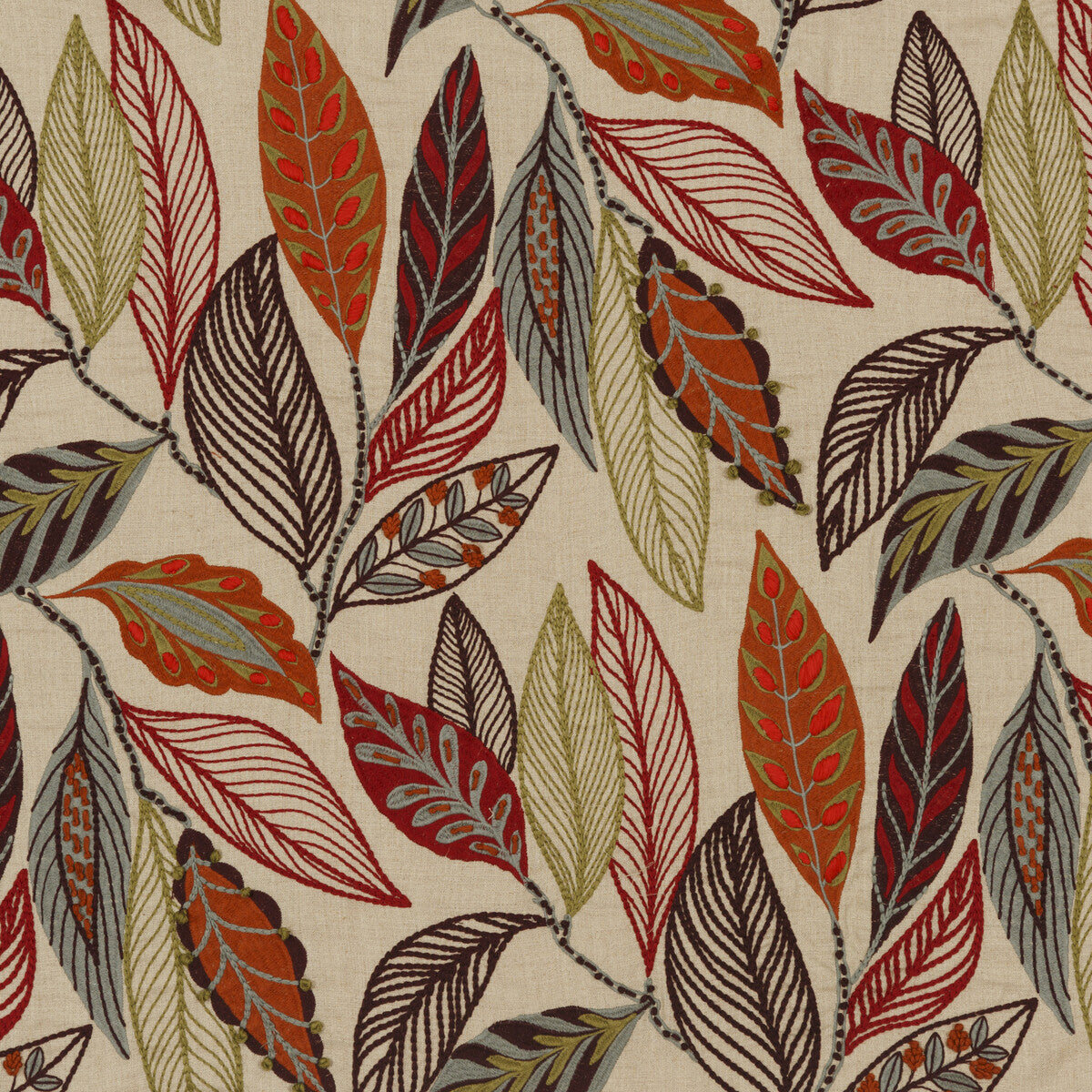 FD766-V54 FOREST LEAVES RED/PLUM MULBERRY Fabrics Drapery Upholstery