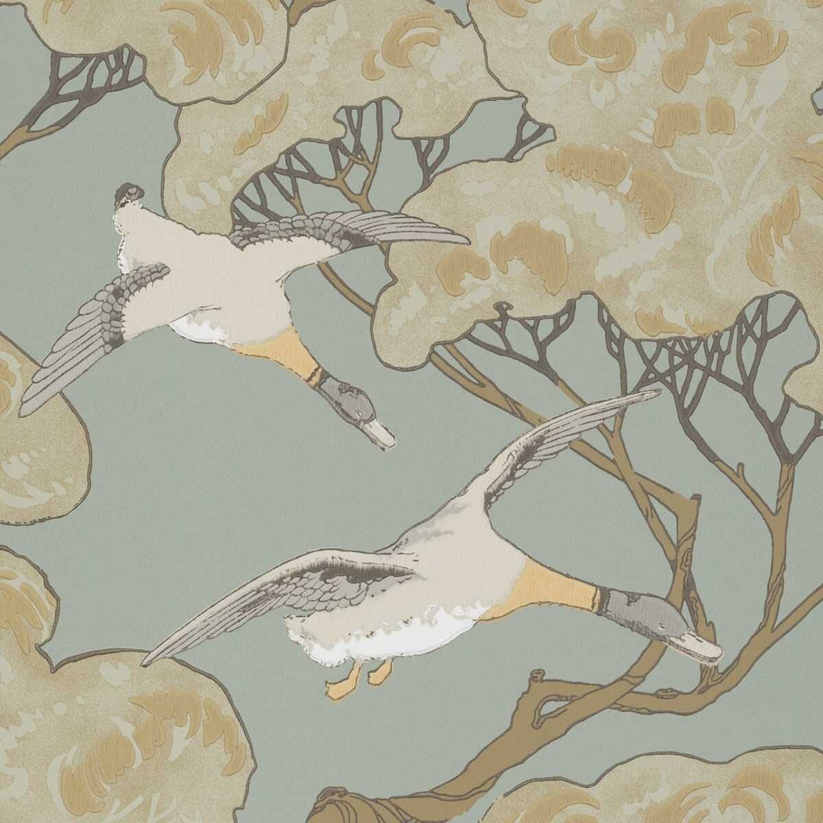 FG090-H54 FLYING DUCKS SLATE BLUE MULBERRY Wallpaper