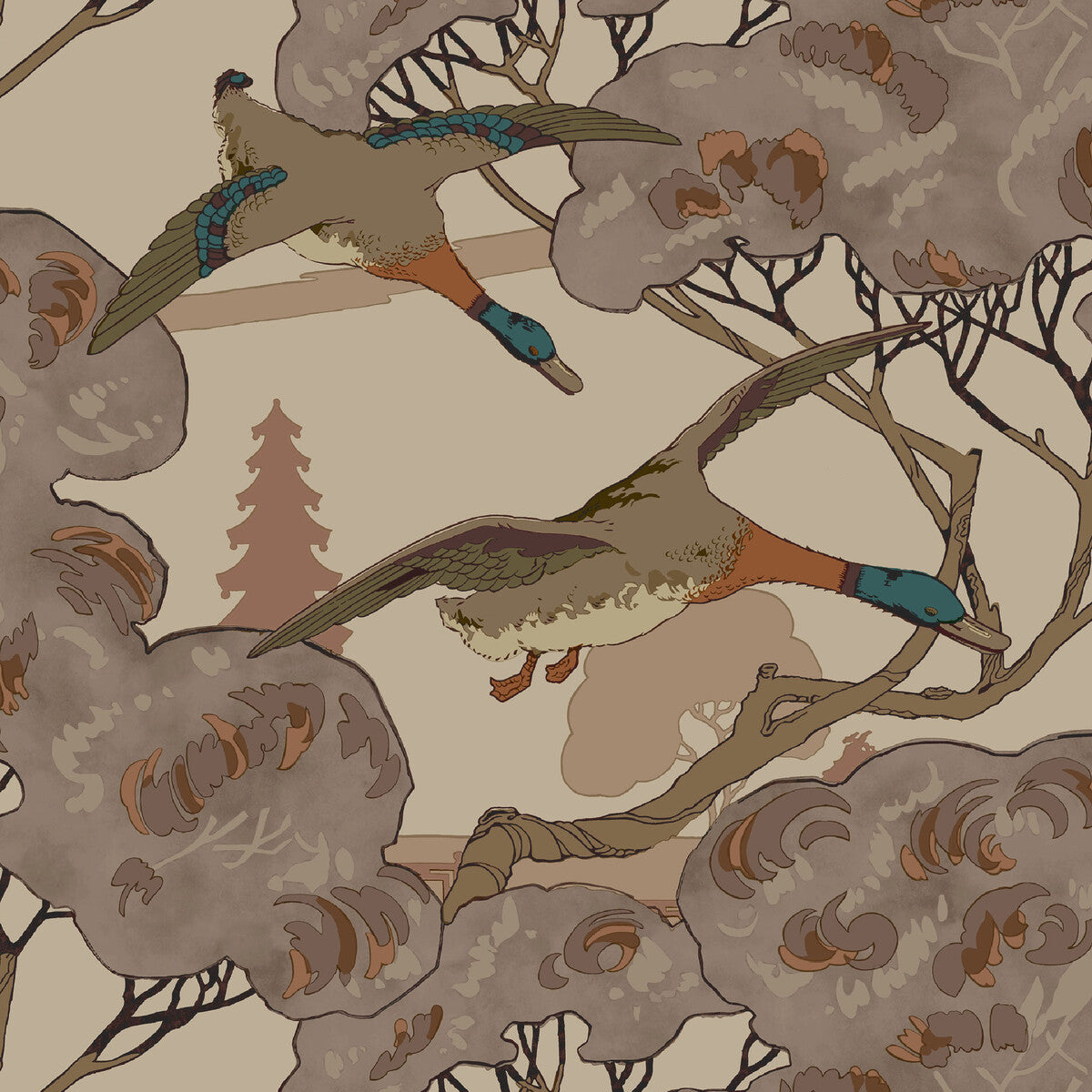 FG102-H113 GRAND FLYING DUCKS PLUM MULBERRY Wallpaper