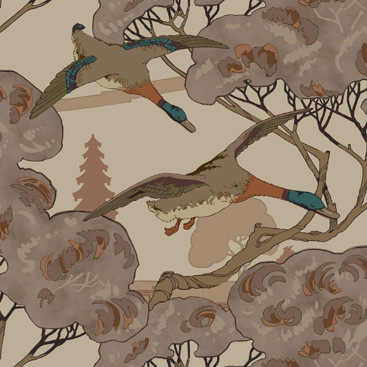 FG102-H113 GRAND FLYING DUCKS PLUM MULBERRY Wallpaper