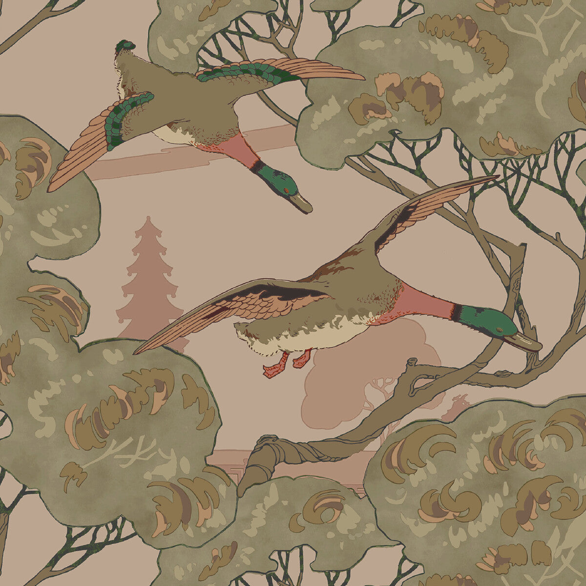 FG102-H150 GRAND FLYING DUCKS PLASTER MULBERRY Wallpaper