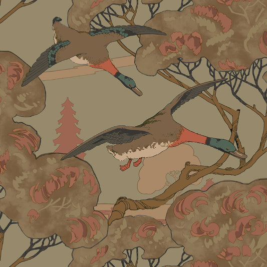 FG102-S108 GRAND FLYING DUCKS SAGE MULBERRY Wallpaper
