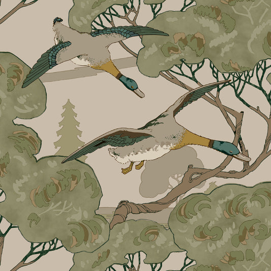 FG102-S16 GRAND FLYING DUCKS EMERALD MULBERRY Wallpaper