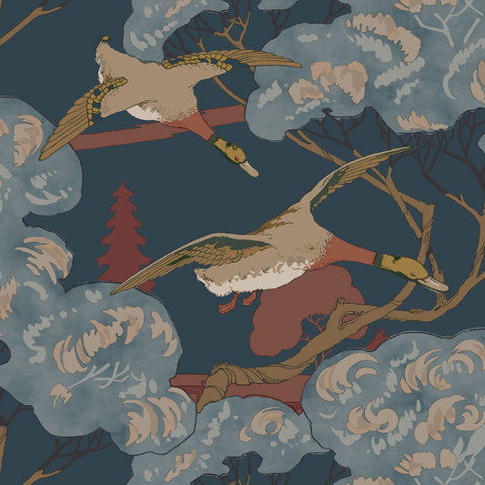 FG102-V110 GRAND FLYING DUCKS RED/BLUE MULBERRY Wallpaper