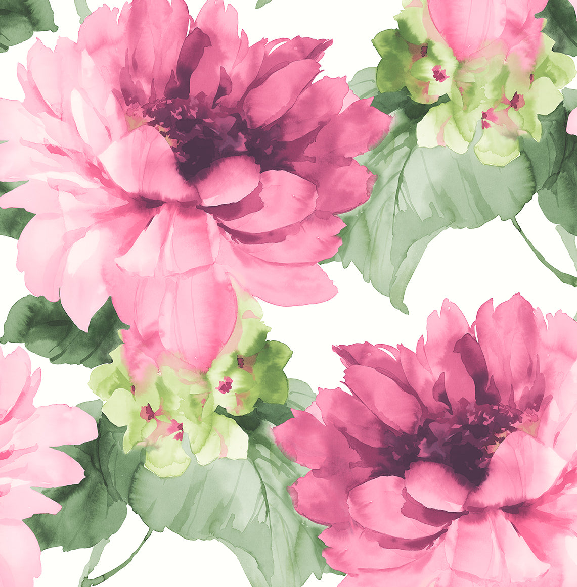 HG10301 Harry & Grace Harry & Grace Peel and Stick Wallpaper Watercolor Floral Cerise Pink & Evergreen