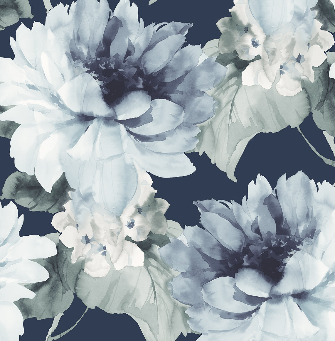 HG10302 Harry & Grace Harry & Grace Peel and Stick Wallpaper Watercolor Floral Navy Blue & Slate Green