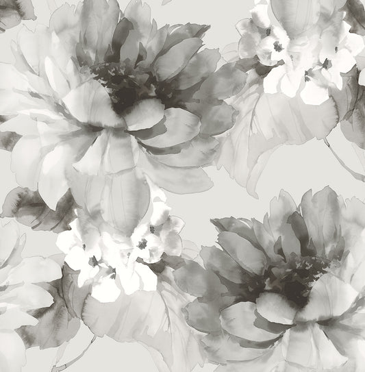 HG10308 Harry & Grace Harry & Grace Peel and Stick Wallpaper Watercolor Floral Ash & Metallic Silver