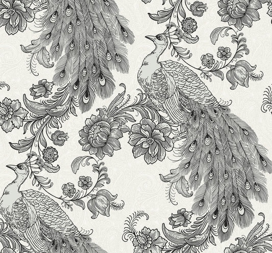 HG12200NG Harry & Grace Harry & Grace Peel and Stick Wallpaper Peacock Ivory & Ebony