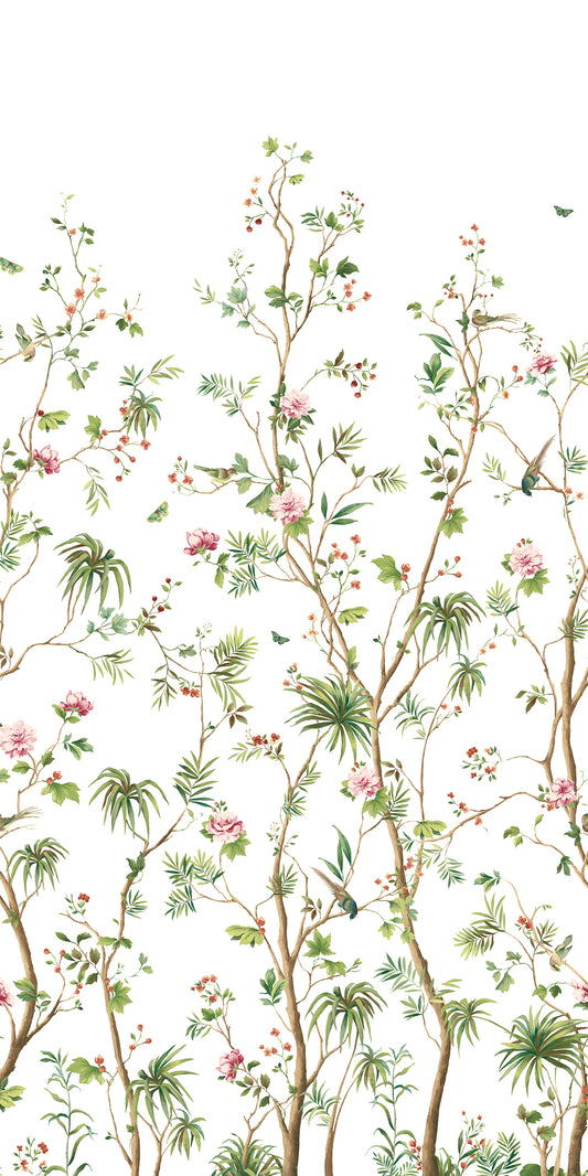 HG12404M Harry & Grace Harry & Grace Peel and Stick Wallpaper Blooming Chinoiserie Mural Fern & Rosebud
