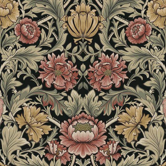HG14000 Harry & Grace Harry & Grace Peel and Stick Wallpaper Acanthus Floral Cameo Ebony