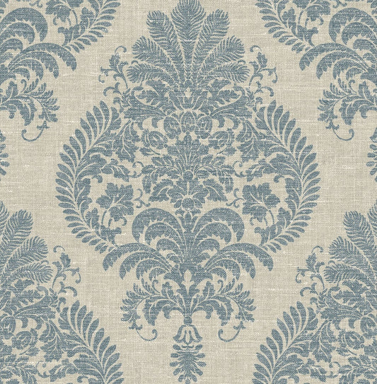 LN10402 Lillian August Luxe Retreat Wallpaper Antigua Damask Air Force Blue and Alabaster