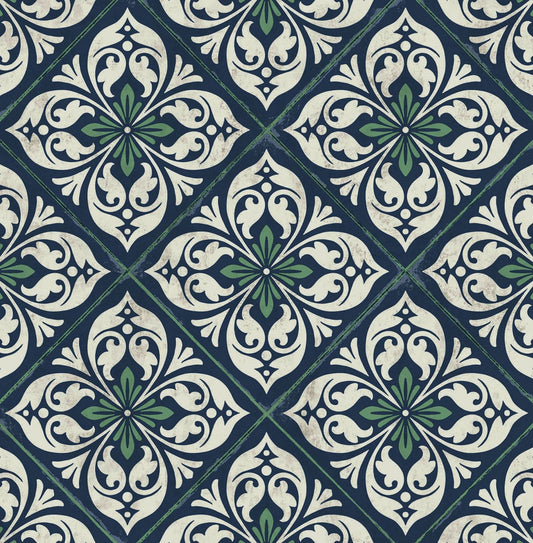 LN11012 Lillian August Luxe Retreat Wallpaper Plumosa Tile Midnight Blue and Spearmint