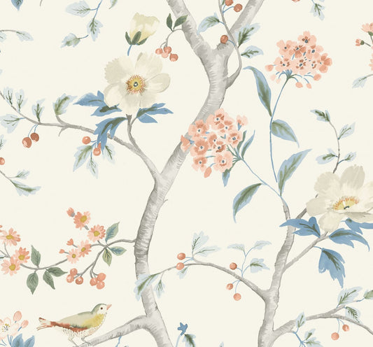 LN11101 Lillian August Luxe Retreat Wallpaper Southport Floral Trail Eggshell, Melon, and Carolina Blue