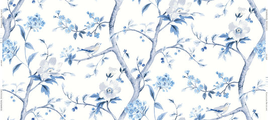 LN11902F Lillian August Luxe Retreat Fabric  Southport Floral Trail Fabric Eggshell and Blue Shale