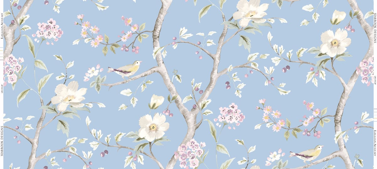 LN11912F Lillian August Luxe Retreat Fabric  Southport Floral Trail Fabric Sky Blue and Arrowroot