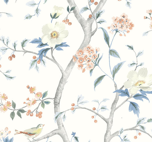 LN21301 Lillian August Lillian August Peel and Stick Wallpaper Floral Trail Melon & Carolina Blue