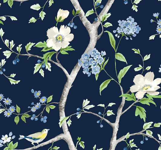 LN21312 Lillian August Lillian August Peel and Stick Wallpaper Floral Trail Navy Blue & Spring Green