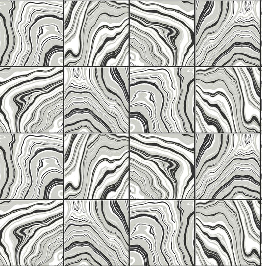 LN30600 Lillian August Lillian August Peel and Stick Wallpaper Marbled Tile Ebony & Metallic Silver