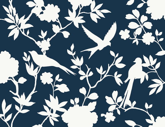 LN40902 Lillian August Coastal Haven Wallpaper Kauai Bird Toile Denim Blue