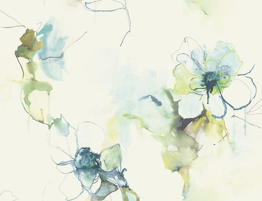 LW50004 Seabrook Designs Living with Art Wallpaper Anemone Watercolor Floral Glacier Blue and Pear