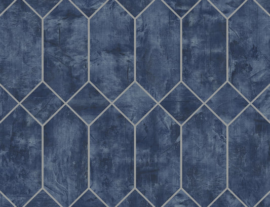 LW51602 Seabrook Designs Living with Art Wallpaper Geo Faux Denim Blue and Metallic Silver