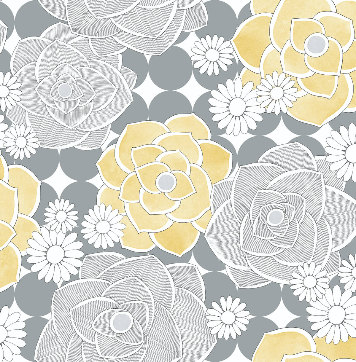 NW35203 NextWall NextWall Peel & Stick Wallpaper Retro Floral Yellow & Gray