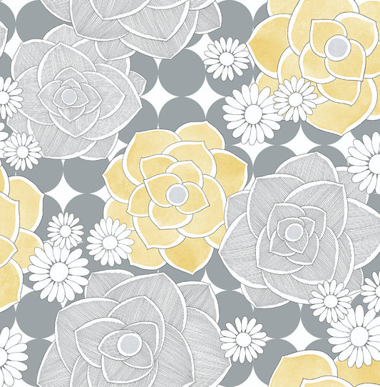 NW35203 NextWall NextWall Peel & Stick Wallpaper Retro Floral Yellow & Gray
