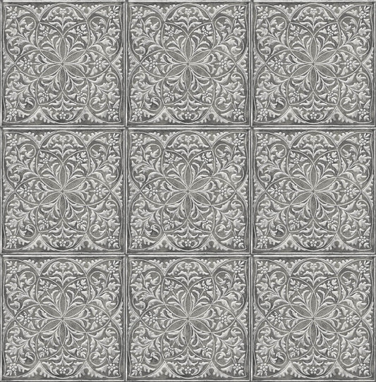 NW36200 NextWall NextWall Peel & Stick Wallpaper Faux Embossed Tile Metallic Silver & Charcoal