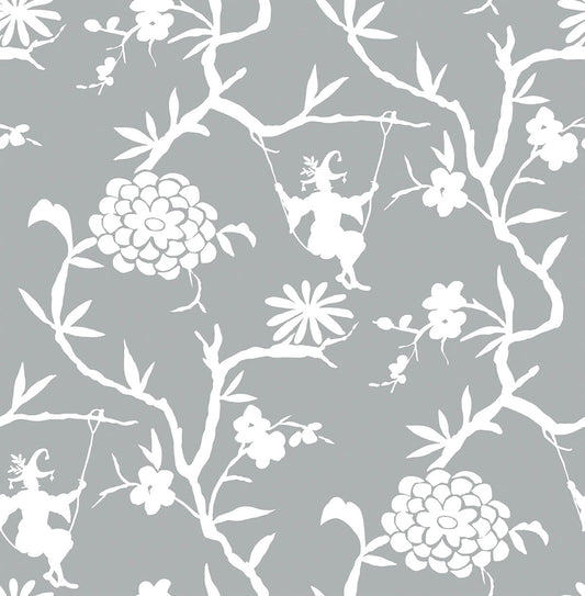 NW36608 NextWall NextWall Peel & Stick Wallpaper Chinoiserie Silhouette Metallic Silver