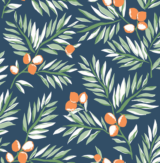 NW36702 NextWall NextWall Peel & Stick Wallpaper Citrus Branch Navy, Sage, & Orange