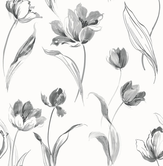 NW38100 NextWall NextWall Peel & Stick Wallpaper Tulip Toss Black and White