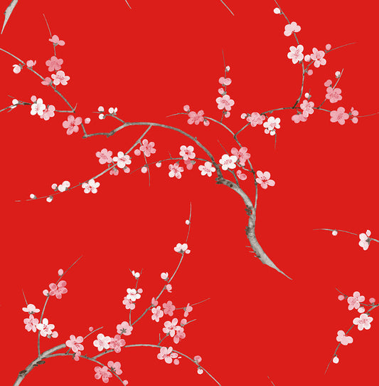 NW38301 NextWall NextWall Peel & Stick Wallpaper Cherry Blossom Floral Scarlet & Petal Pink