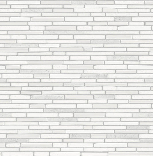 NW38400 NextWall NextWall Peel & Stick Wallpaper Faux Mosaic Strip Tile Metallic Pearl & Gray